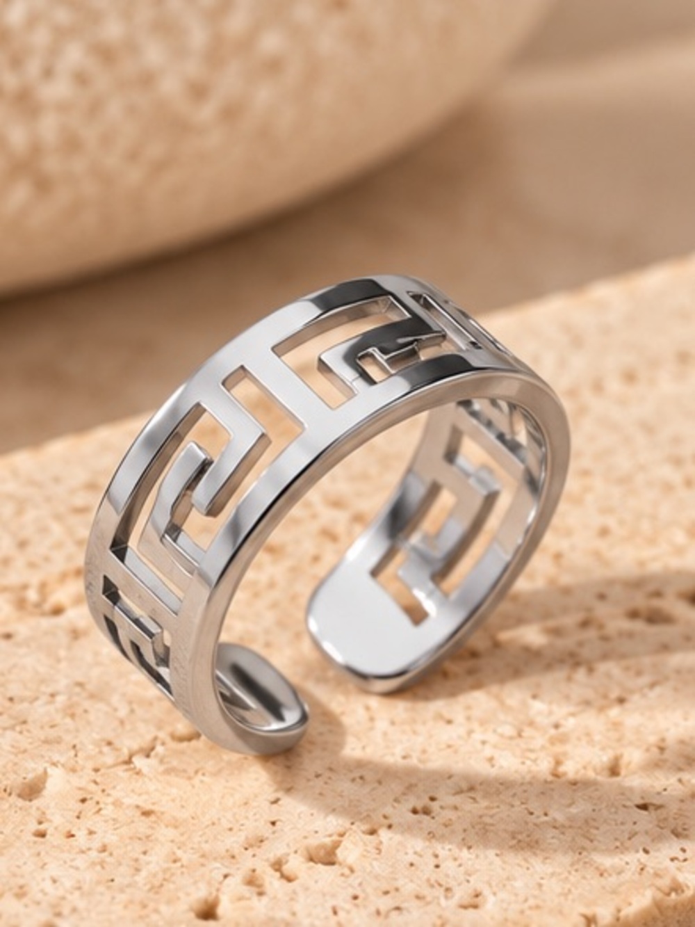 Silver Greek Key Adjustable Ring Geometric Statement Jewelry